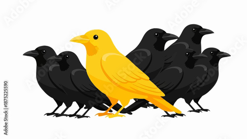 A single bright yellow bird stands out from a group of black birds