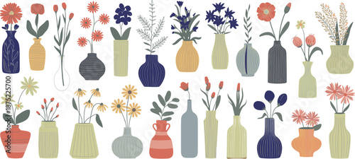 Minimal floral vases illustration collection, pastel botanical flowers in ceramic pots, modern Scandinavian home decor art, elegant hand drawn vector set