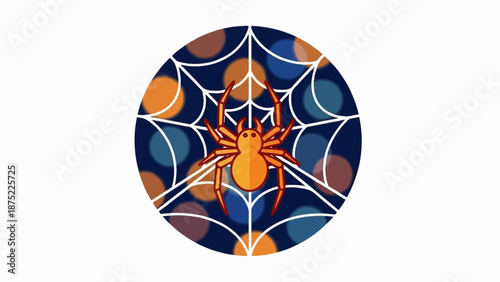 A stylized orange spider with eight legs sits on a white web against a dark blue circular background with bokeh effects
