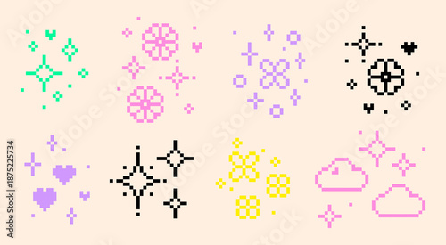 Kawaii Y2K pixel icon set with sparkling stars, hearts, flowers and clouds. Color vector elements in 8bit retro style for festive stickers, games, social media, video overlays and playful party design