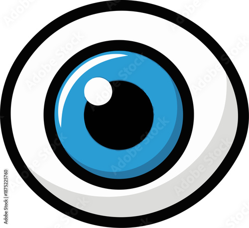 A stylized, cartoonish eye with a blue iris and black pupil