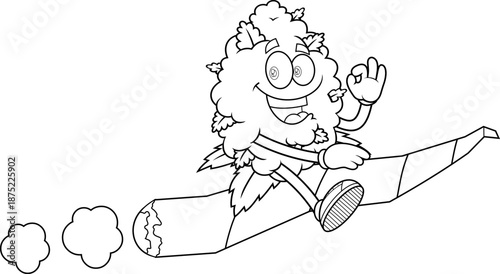 Happy Marijuana Bud Cartoon Character Riding Giant Joint and Showing OK Hand Sign Black and White – Vector Hand Drawn Illustration Isolated On Transparent Background
