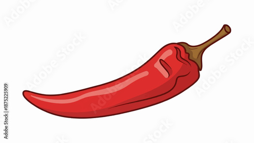 A single, vibrant red chili pepper with a brown stem on a white background