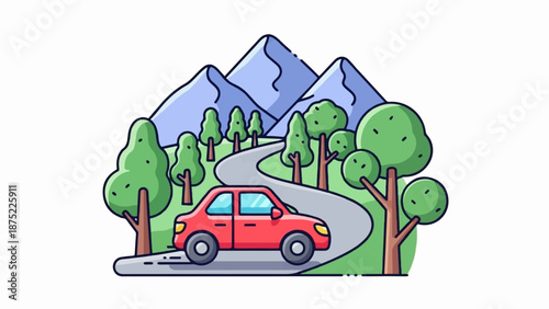 A stylized red car drives on a winding road through a green landscape with mountains