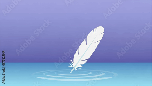 A single white feather gently touching the surface of calm blue water