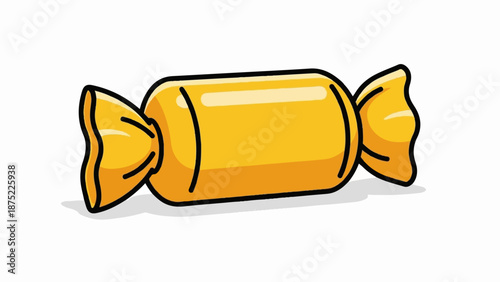 A single yellow candy, wrapped in twisted ends, rests on a white background