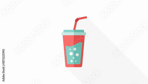 A stylized red cup with a turquoise liquid and bubbles, fitted with a straw