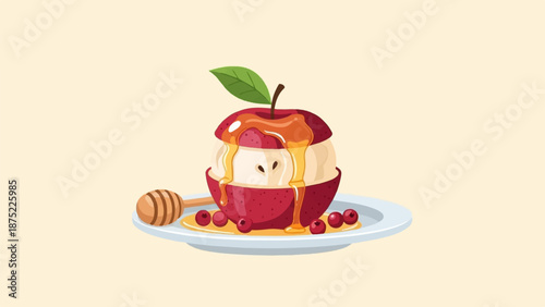 A sliced apple topped with honey and berries, served on a plate with a honey dipper