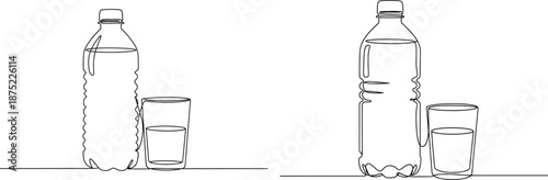 Plastic water bottle and drinking glass with liquid in two distinct outline styles