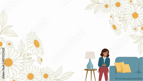 A woman sits in a living room with a lamp and sofa, surrounded by floral accents