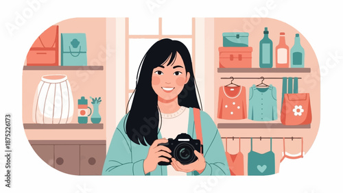 A woman with a camera poses in a boutique with clothing and accessories on shelves