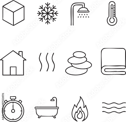 Spa sauna and temperature line art icons set with shower thermometer stones and water waves Silhouettes isolated on white background silhouette