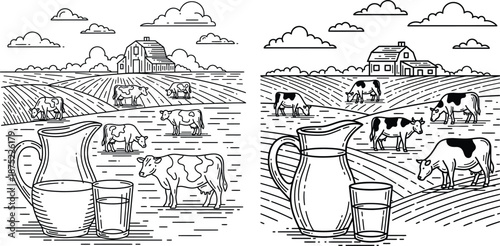 Rural farm landscape with cows grazing in fields near a farmhouse, featuring fresh milk containers