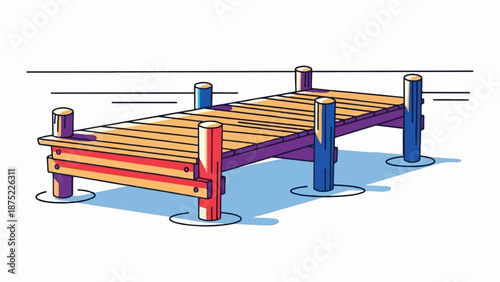 A wooden dock with colorful supports extends over calm blue water