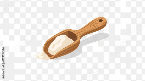 A wooden scoop filled with fine, white powder, casting a subtle shadow