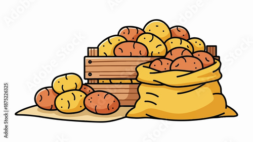 A wooden crate and burlap sack overflow with fresh potatoes, ready for harvest