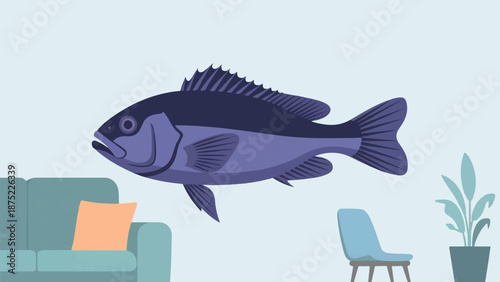 A stylized fish hovers above a sofa in a minimalist room