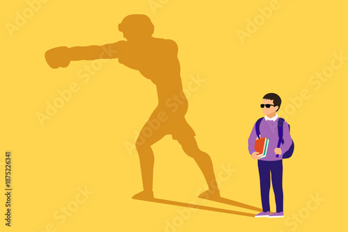 Boy with his shadow as boxer. Future Career Dreaming conept