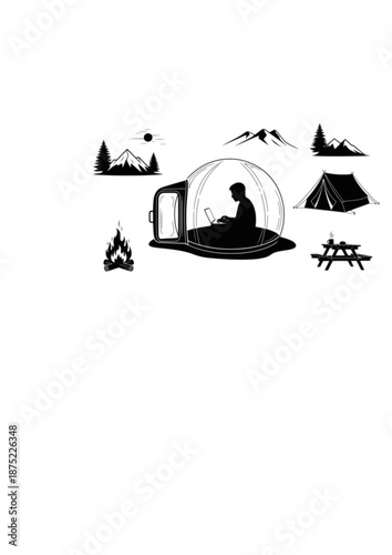 Digital Nomad Glamping Silhouette, Person Working on Laptop in Transparent Bubble Dome, Remote Work and Off Grid Nature Lifestyle Vector