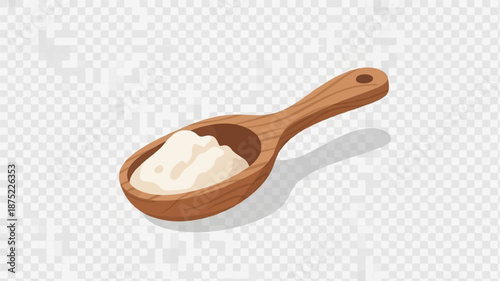 A wooden spoon holds a portion of a light-colored powder, casting a subtle shadow