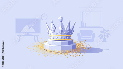A victory crown sits on a pedestal, surrounded by scattered gold confetti