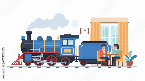 A vintage blue train steams beside a cozy cafe with two patrons