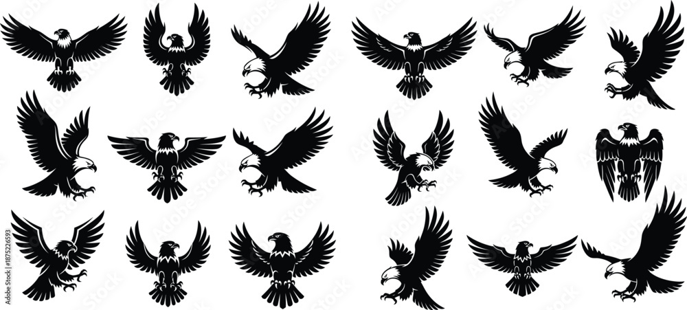 Fototapeta premium Silhouettes of powerful eagles in diverse flying, soaring, and perching poses for emblem and logo design