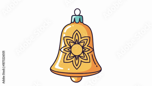 A stylized golden bell with a flower motif, outlined in dark, hangs against a white background