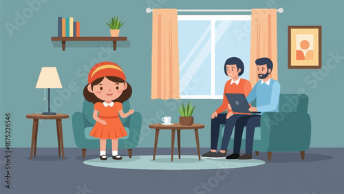 A young girl stands in a cozy living room with parents on a couch using a laptop