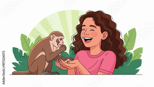 A young woman joyfully feeds a monkey small food pieces amidst lush green leaves