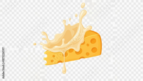 A wedge of Swiss cheese with a splash of liquid cheese
