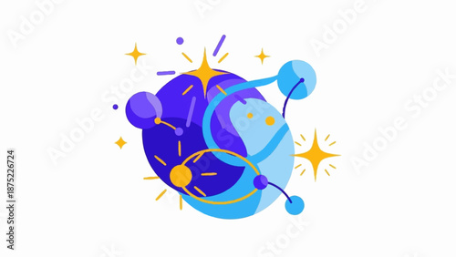 Abstract celestial bodies, interconnected with lines and shining stars