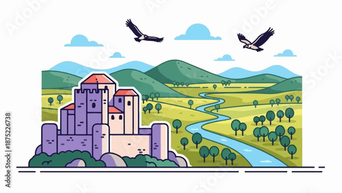 A whimsical castle stands proudly amidst rolling hills and a winding river