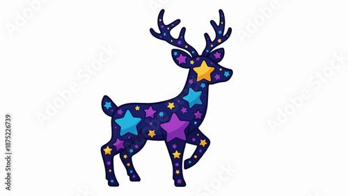 A whimsical deer silhouette with a dark blue body adorned with colorful stars