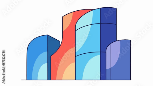 Abstract, colorful buildings in a modern, stylized city scape