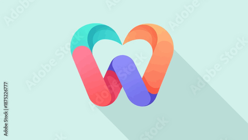 Abstract colorful interwoven ribbons forming a letter W shape with a shadow