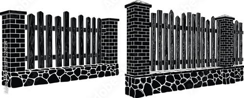 Two distinct picket fence sections with robust brick pillars and a sturdy stone foundation