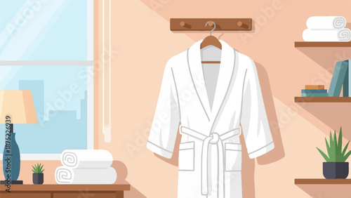 A white bathrobe hangs on a wall with towels, a lamp, and plants nearby