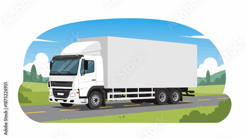 A white box truck drives along a road with a green landscape and blue sky