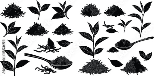 Various elements of tea, including fresh leaves, sprigs, and dried piles with spoons