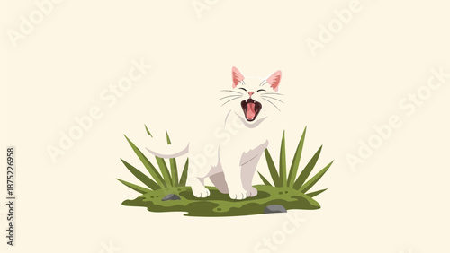 A white cat yawns wide, surrounded by green grass and small rocks