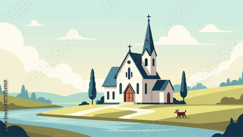 A white church with a blue roof stands beside a river in a pastoral landscape