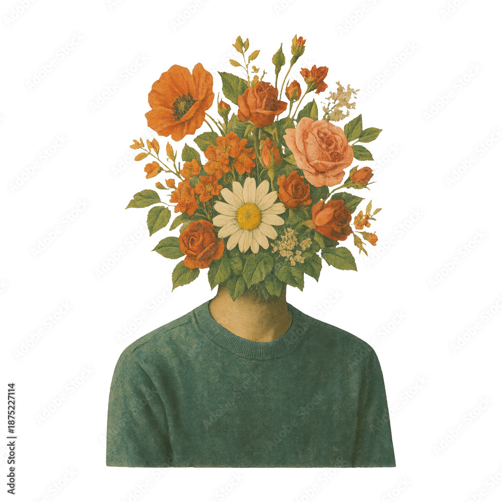 Fototapeta premium PNG Surreal floral head portrait art.