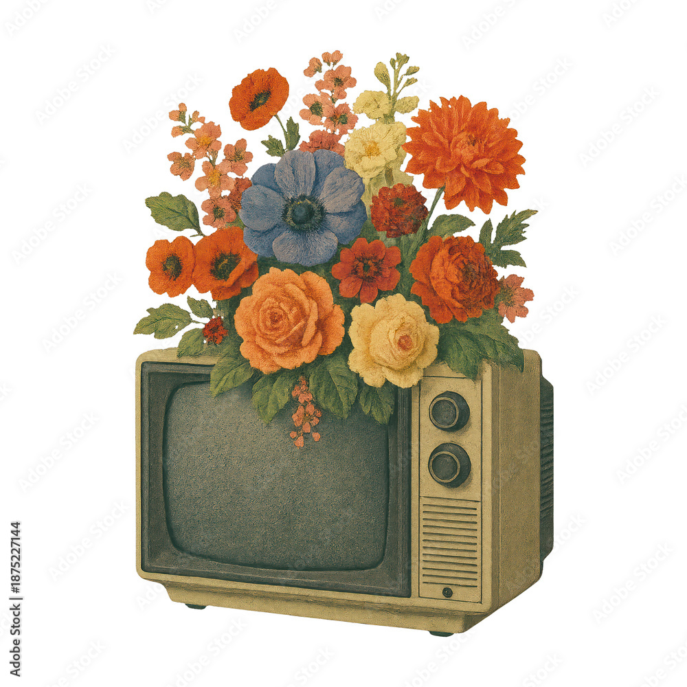 Fototapeta premium PNG Vintage television with blooming flowers