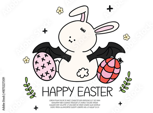 Pastel Goth Bunny Easter Greeting Card Design, Spooky Cute Rabbit, Cute Gothic Bunny with Bat Wings, Easter Eggs and Flowers, Creepy Cute Vector