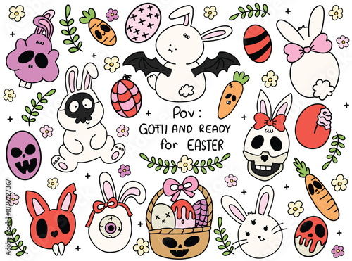 Creepy Cute Easter Bunny and Skull Eggs Vector Set, Pastel Goth Holiday Clipart Easter Gothic