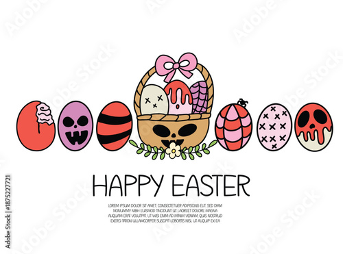 Gothic Happy Easter greeting card with creepy bunny wearing a skull mask and spooky decorated eggs. Creepy cute Easter basket with skull face and dark festive eggs in pink and red.