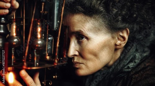 Marie Curie working in a laboratory, glowing scientific instruments, calm focused mood