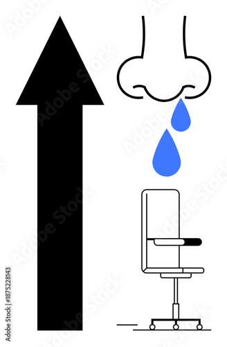 Business growth, healthcare, workplace hygiene, allergy awareness, nasal health, symbolism. A large arrow, nose with blue drops and an office chair. Business growth and healthcare concept