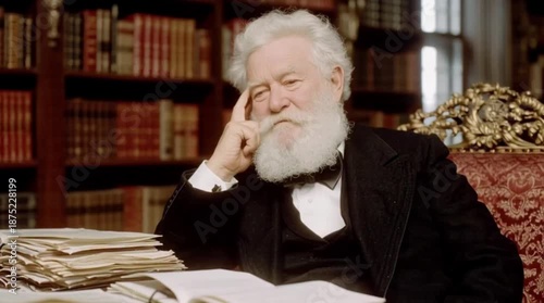 Alexander Graham Bell uses a vintage parlour setting to test an early telephone and speak into it with curiosity.